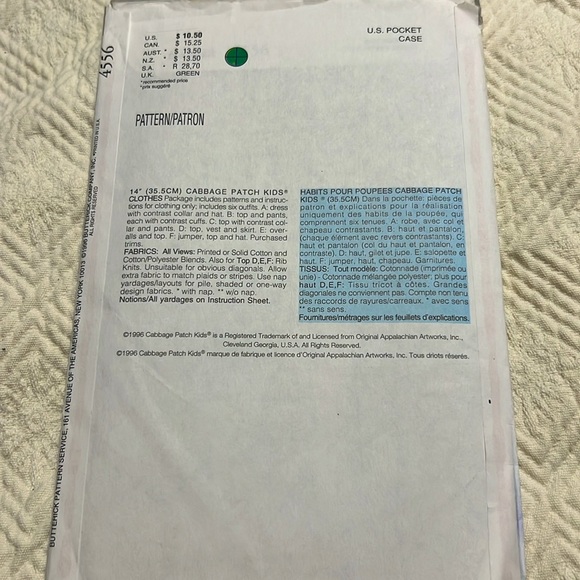 Butterick Pattern 4556 Cabbage Patch Kids Clothes 6 Outfits Uncut 1996 14” Dolls - Picture 8 of 9